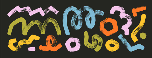 Modern geometric thick squiggly lines with loops, zigzag brush strokes, arches. Vector colorful collection of bold geometric funky shapes.