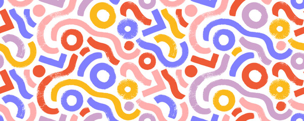 Playful childish colorful background with squiggles, circles, curved thick lines. Abstract geometric seamless pattern with brush drawn organic lines. Trendy vector funky banner design in kid's style.