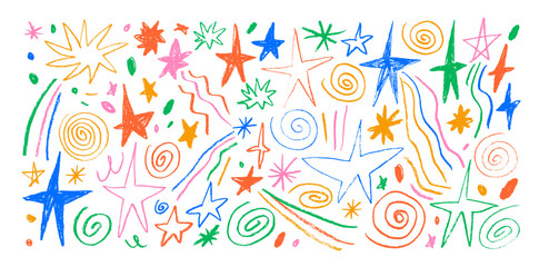 Collection of colored crayon drawn star shapes, comets, spirals and squiggles. Cosmic hand drawn childish icons.