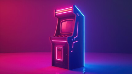 Retro Arcade Cabinet in Neon Glow: A classic arcade game cabinet bathed in vibrant pink and blue neon lights, evoking a nostalgic and electrifying atmosphere