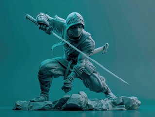 Silent Guardian: A monochromatic ninja stands poised, katana drawn, against a teal backdrop - a digital sculpture embodying stealth and deadly grace. 