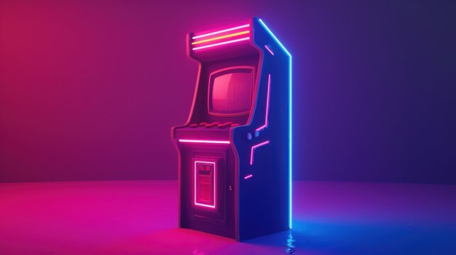 Retro Arcade Cabinet in Neon Glow: A classic arcade game cabinet bathed in vibrant pink and blue neon lights, evoking a nostalgic and electrifying atmosphere