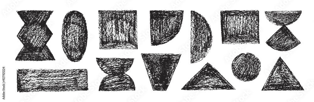 Poster set of various black geometric figures drawn with crayons. charcoal geometric basic shapes. pencil d