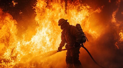 Obraz premium Brave Firefighter in Action: Intense Battle Against Wildfires - Stunning High-Contrast Poster for Sports Decor, Capturing the Urgency of Emergency Response