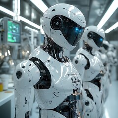 Fototapeta premium High-tech lab with humanoid robots operating advanced machinery picture