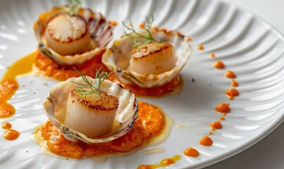 Fresh scallop seafood with cream sauce on plate makes it even beautiful and delicious Generate AI