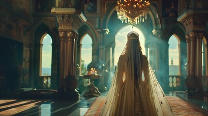 Rainha Esther caminhando pelo palácio, uma bela história de fé e coragem de uma mulher que salvou o seu povo. fotografia do personagem bíblico real, Queen Esther walking through the palace