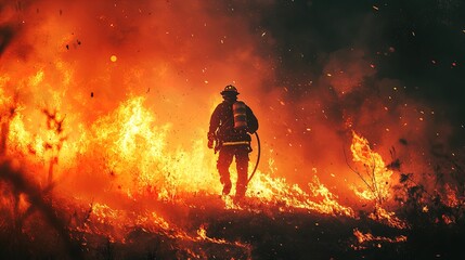 Obraz premium Brave Firefighter in Action: Intense Battle Against Wildfires - Stunning High-Contrast Poster for Sports Decor, Capturing the Urgency of Emergency Response