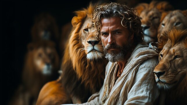 Prophet Daniel in the lion's den in prayer, God's protection in Babylon
