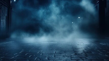 Foggy Night Street with Cobblestone and Street Lights