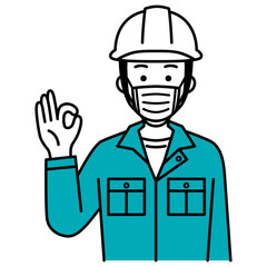 マスクを付けてOKサインをする作業員の男性