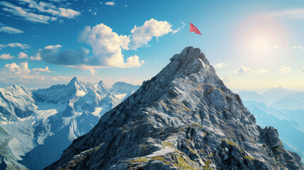 Success: A mountain peak with a flag planted at the top, illustrating achievement and success in business, with copy space