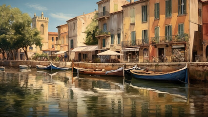 Naklejka premium Narbonne - town, canal, boats, water, buildings, architecture, reflection, italy, europe, trees, sky, cityscape, outdoors, vintage, travel, tourism, scenic, urban