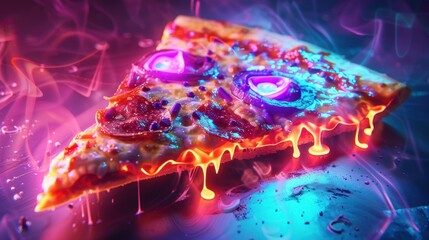 Neon Pizza Dreams: A single slice of cheesy pizza glows under neon lights, oozing with vibrant colors and smoky atmosphere.