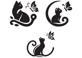 vector silhouette of a cat with flying butterfly, cute cat and butterfly silhouette, A kitten plays with a flying butterfly, Vector cat with flying butterfly logo