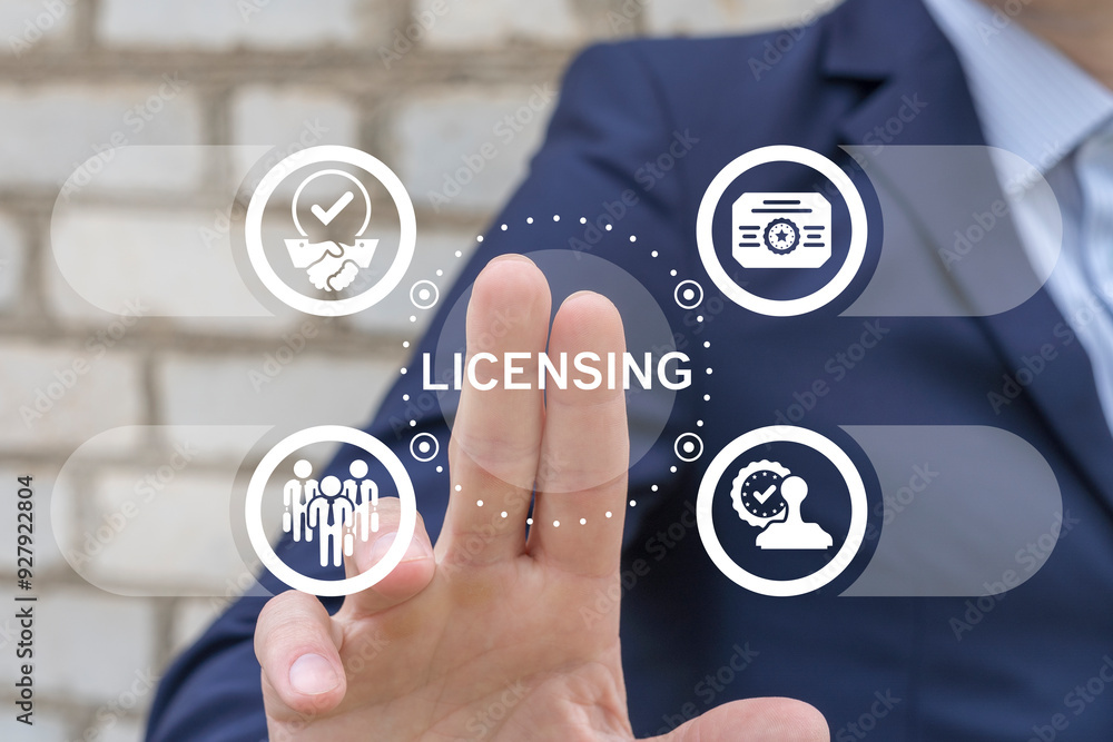 Poster man using virtual touch screen presses text: licensing. license agreement business technology concep