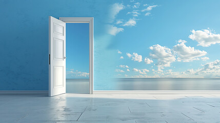 Opportunity: An open door leading to a bright horizon, symbolizing new opportunities and potential in business, with copy space