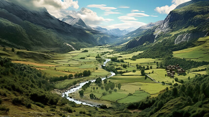Queyras - landscape, valley, mountains, river, greenery, meadow, scenery, nature, outdoors, sunny, blue sky, clouds, panorama, scenic, hiking, adventure