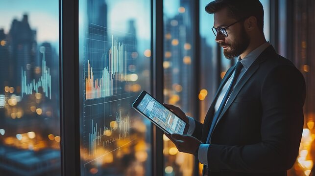 Professional businessman standing by a window, holding a tablet and reviewing financial data, with a cityscape in the background