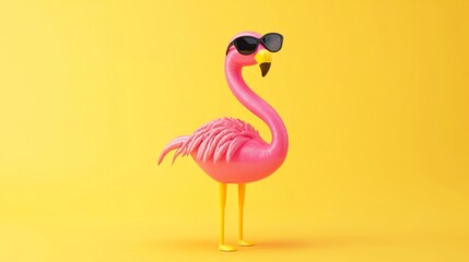 Fototapeta premium A pink flamingo wearing black sunglasses stands confidently against a vibrant yellow background, exuding a sense of whimsy, joy, and stylish fun in a modern illustration.