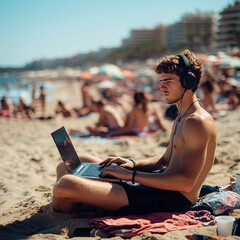 digital nomad working on a laptop from a beach lounge chair, woman working remotely from a tropical beach setting. She is sitting at a wooden table with a laptop in front of her, smiling as she types