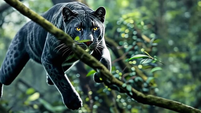 A sleek black panther expertly navigates the jungle, showcasing its agility and power in a lush green environment