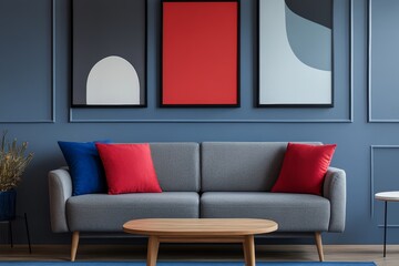Minimalistic living room with red, gray, and blue decor, abstract wall art, and elegant sofa