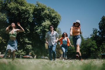 Obraz premium A group of friends running and laughing in the park. They are enjoying the sunny day and spending time together outdoors.