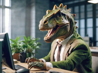 dinosaur in formal suit typing at a desk humorously illustrates the outdated nature of some business practices, blending ancient and modern in playful critique of corporate culture