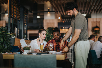 Diverse group of people having a casual business meeting at a trendy coffee bar, collaborating and discussing ideas.