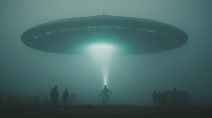 An enormous UFO hovers over a foggy field, emitting a bright light beam as people stand beneath in awe and curiosity at the mysterious spacecraft.