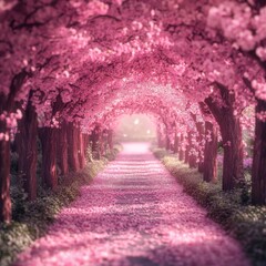 Obraz premium Cherry Blossom Enchantment: anime-style Dawn on the Enchanted Path of Spring's Floral Elegance, Perfect for Wedding Invitations and Celebrations,Anime-Style,illustration,Picture BooksFor Poster,Novel,