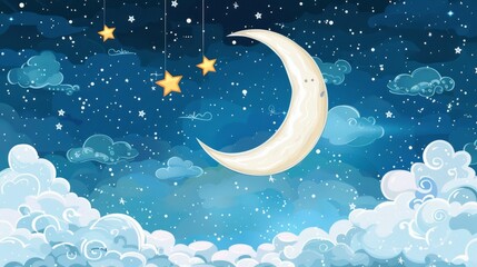 Fototapeta premium A charming illustration depicting a night sky filled with a smiling crescent moon, surrounded by hanging stars and fluffy clouds, evoking a sense of calm and magic.