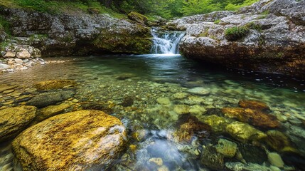 Crystal clear water flowing over smooth rocks with vibrant moss and ferns growing along the riverbank