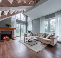 Fototapeta premium Living room with fireplace and wooden staircase wooden floor with large windows, classic and modern
