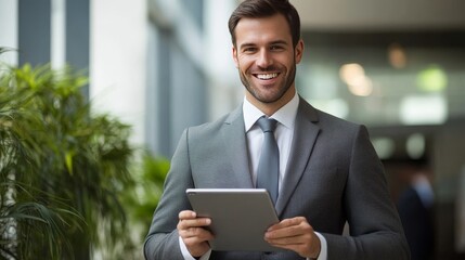 Fototapeta premium Businessman, tablet, office, smile.