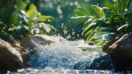 Fototapeta premium Close-up of water streaming over rocks, creating foam and splashing droplets in a tropical setting