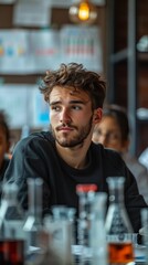portrait of male student  in a college classroom