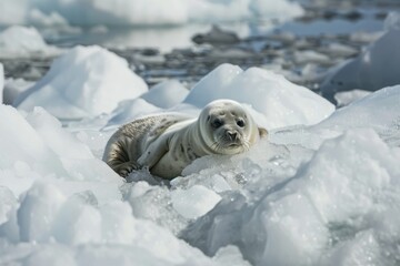 Obraz premium Seal lounging on white ice floes in pristine arctic environment under clear blue sky