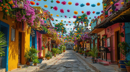 Fototapeta premium A lively street festival with colorful decorations, dancing, and traditional music