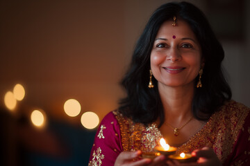 beautiful middle age Indian woman dressed for Diwali holding candles