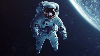 Astronaut floating in space with Earth visible below, surrounded by stars