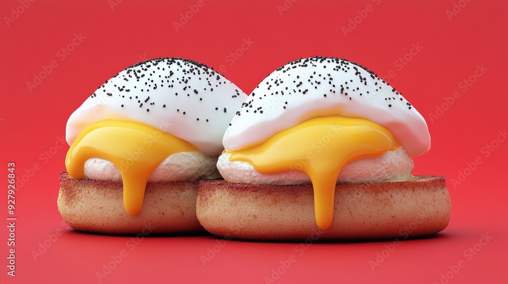 Wall mural Delicious Eggs Benedict on Red Background