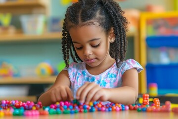 Preschool girl enhancing cognitive and motor skills through bead sorting activity