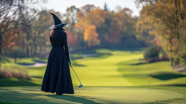 halloween witch playing golf in golf field - Powered by Adobe