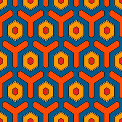 Honeycomb seamless pattern. Hexagon mosaic tiles ornament. Ethnic surface print. Repeated geometric figures background. Ornamental wallpaper. Modern geo design digital paper. Vector abstract art