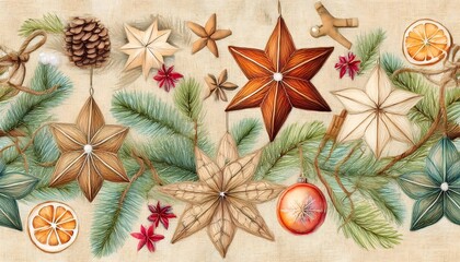 Christmas Handmade Ornaments and Garlands - winter pattern featuring illustrations of handmade ornaments. Graphic art illustration wallpaper