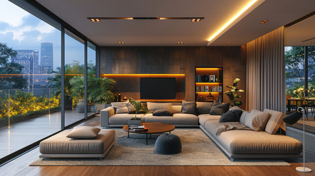 A modern living room with smart home devices, including smart speakers, lighting, and a home automation system