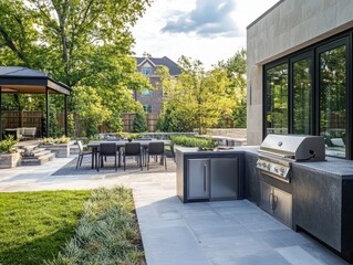 Contemporary outdoor living space with integrated bbq grill, kitchen, and dining area