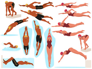 Male And Female Swimmers In Different Swimming And Diving Poses. Cartoon Vector Illustration Highlights The Athleticism